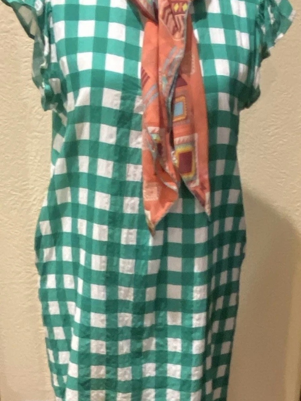 THML Green and White Gingham Midi Dress with Orange Accent Scarf